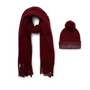 Madden NYC Women's Rhinestone Beanie and Scarf Gift Set, 2- Piece, Burgundy